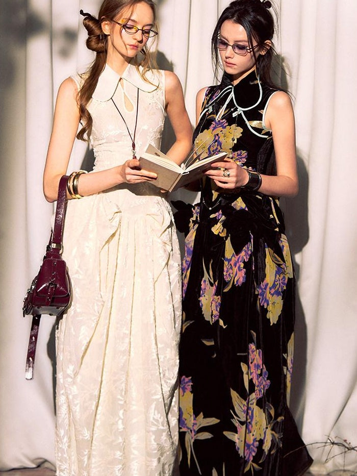 OfAkiva Elegant Chinese Style Jacquard High Waist A Line Two Piece Women Maxi Dresses