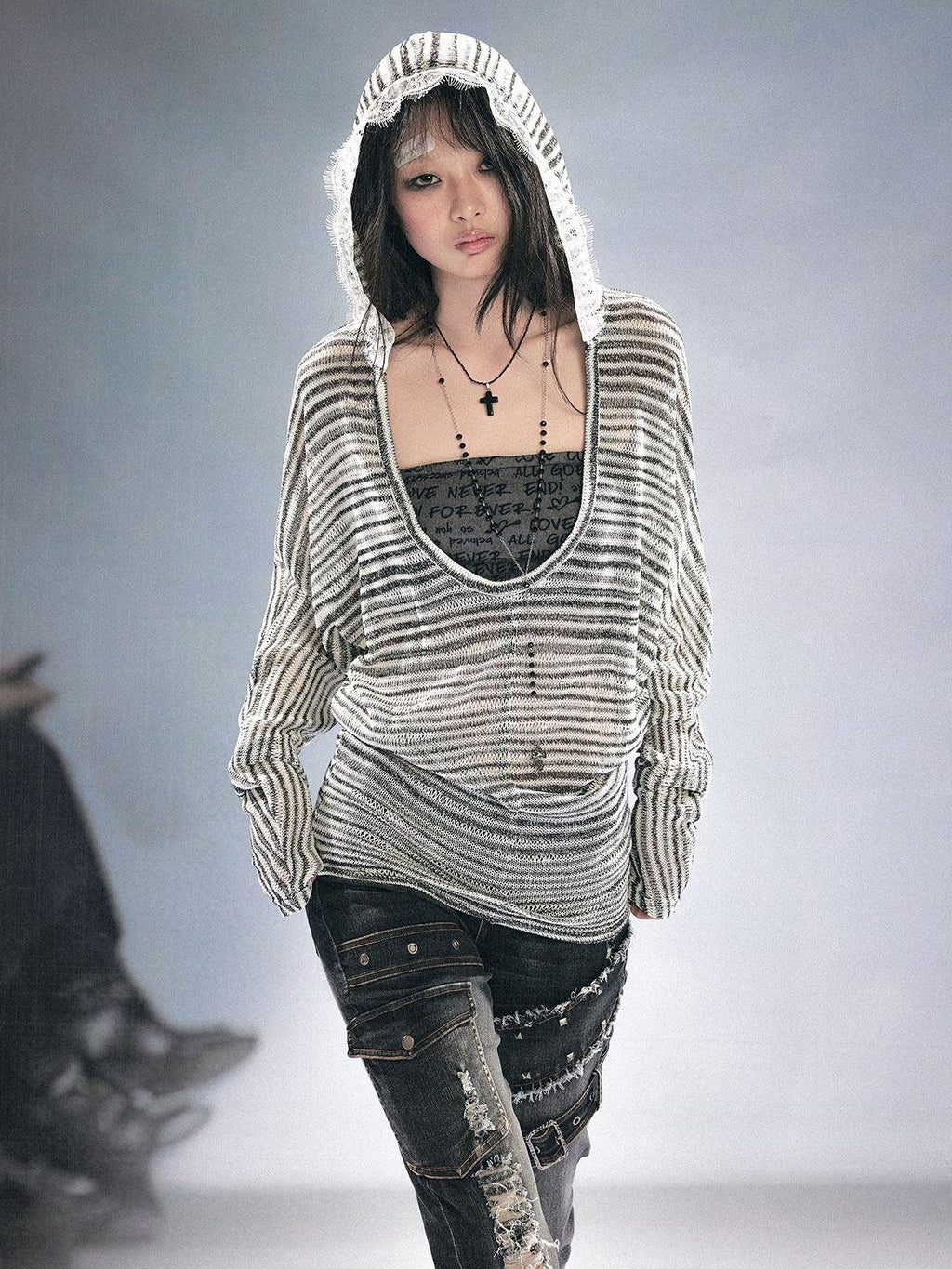 Cest Nous Oversized Punk Letter Print Batwing Hooded Pullover Women Polyester Hoodie