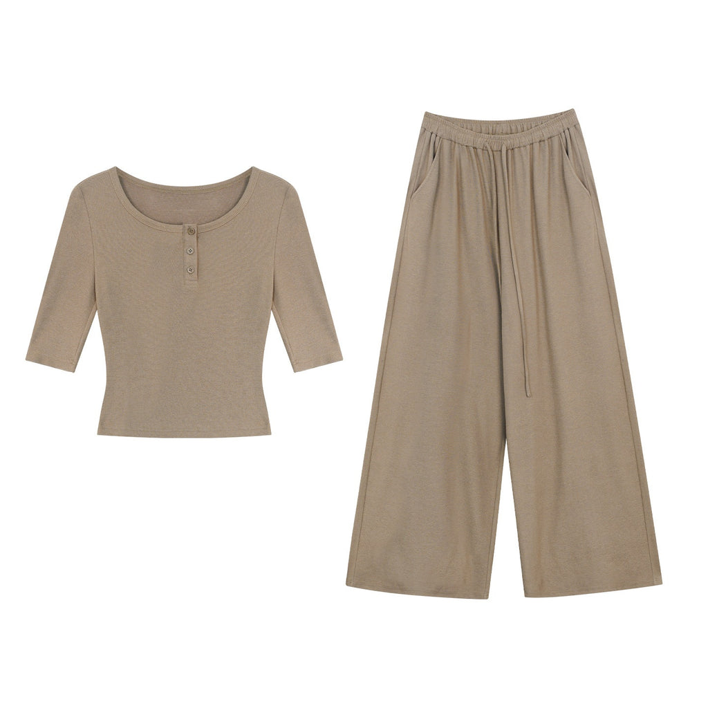ZERO_Soft_Viscose_Round_Neck_Long_Sleeve_Khaki_Casual_Women_Pull_On_Top_&_Pants_Sets_MISSTT