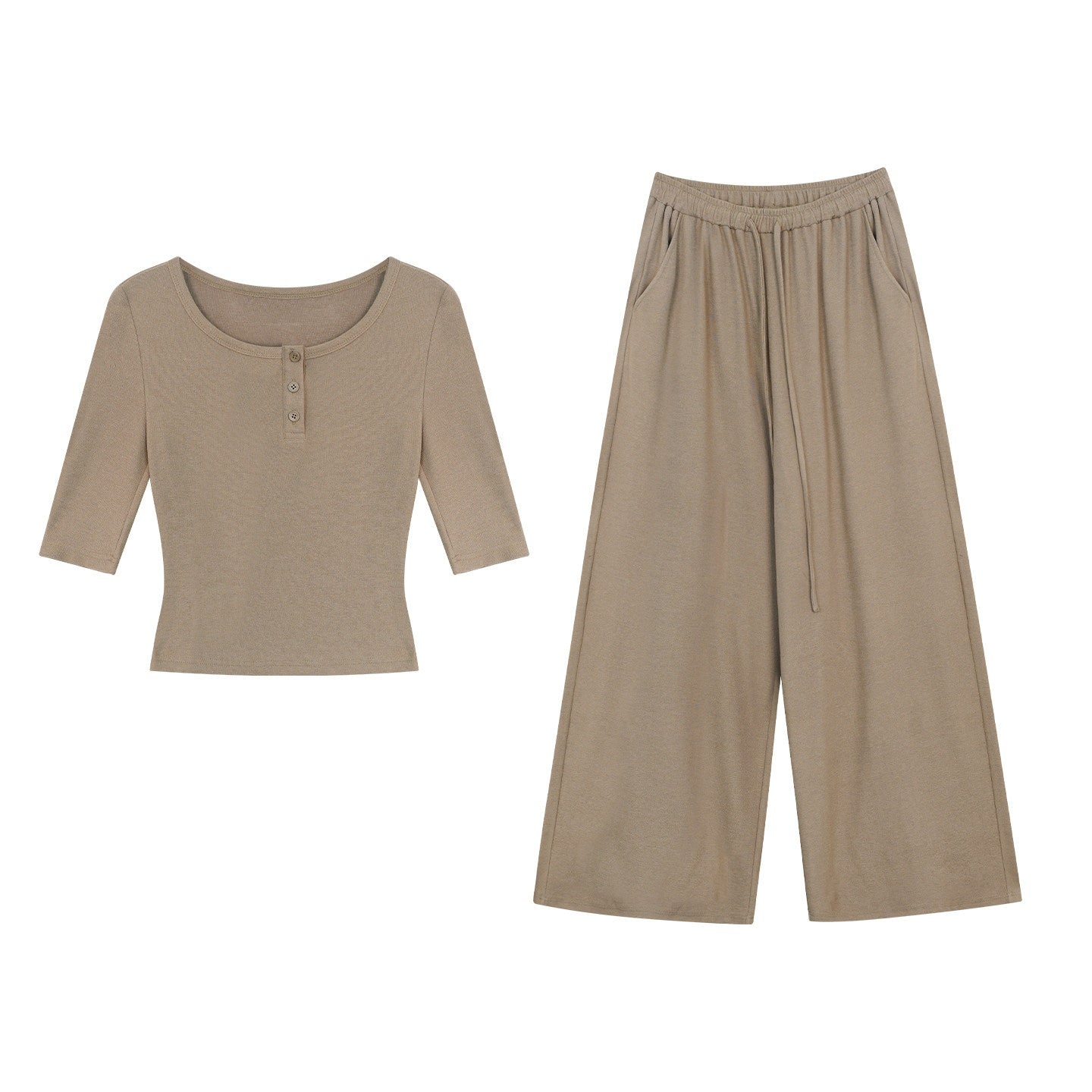 ZERO_Soft_Viscose_Round_Neck_Long_Sleeve_Khaki_Casual_Women_Pull_On_Top_&_Pants_Sets_MISSTT