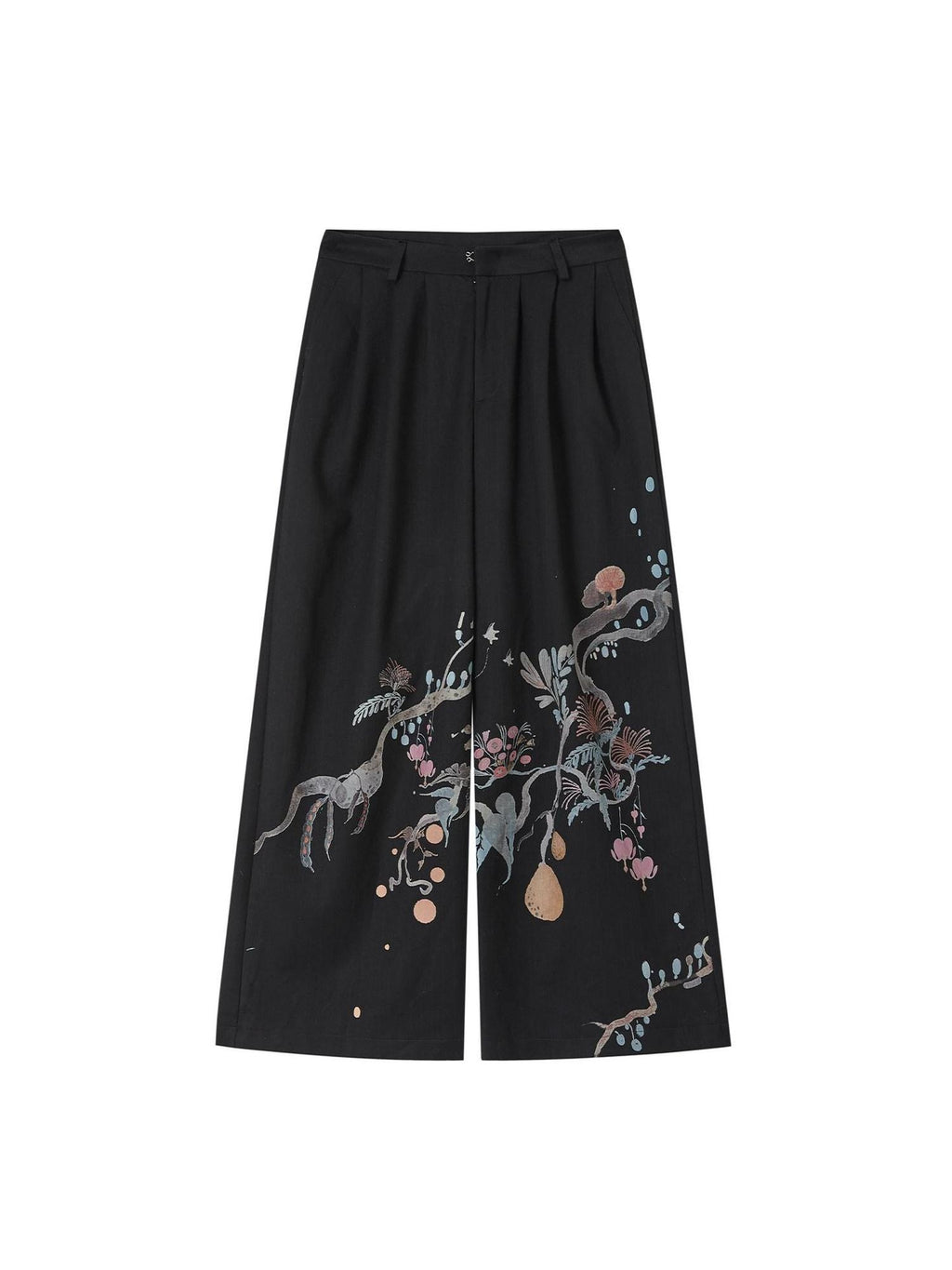 OfAkiva High Waist Floral Print Casual Straight Zipper Fly Women Black Wide Leg Pants