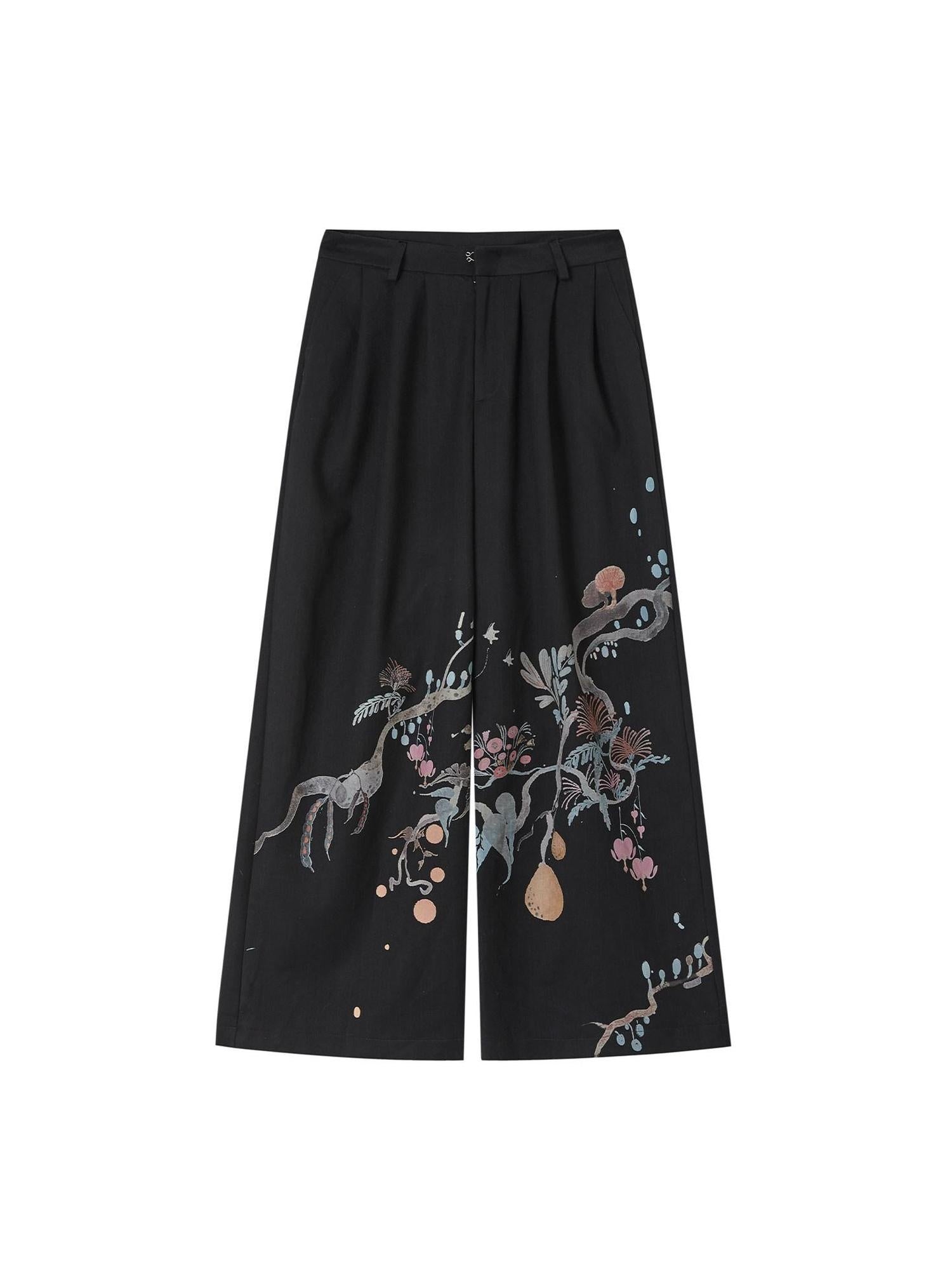 OfAkiva High Waist Floral Print Casual Straight Zipper Fly Women Black Wide Leg Pants