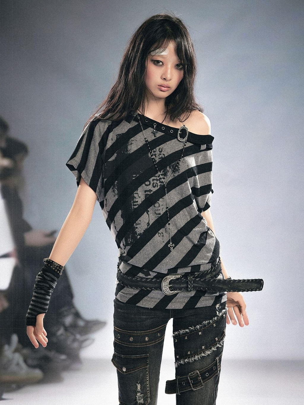 Cest Nous Punk Stripe Batwing Short Sleeve Asymmetric Neck Black Grey Offshouldercroptops