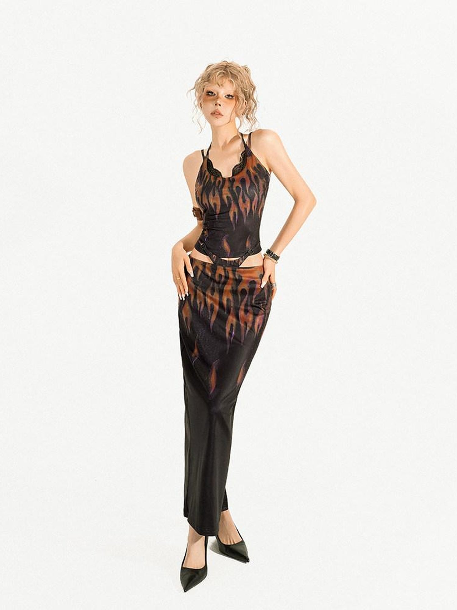 Nico Molly Polyester Pullover Cropped Top High Waist Multicolor Two Piece Top & Skirt Sets