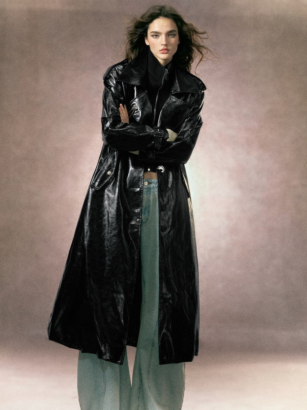 OfAkiva Thick Faux Leather Slim Fit Blazer Collar Pocket Midlength Women Long Coats