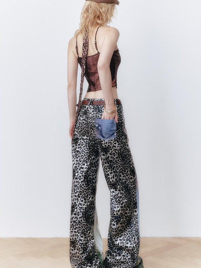 OfAkiva High Waist Leopard Patchwork Commuter Womens Straight Cut Flared Pants