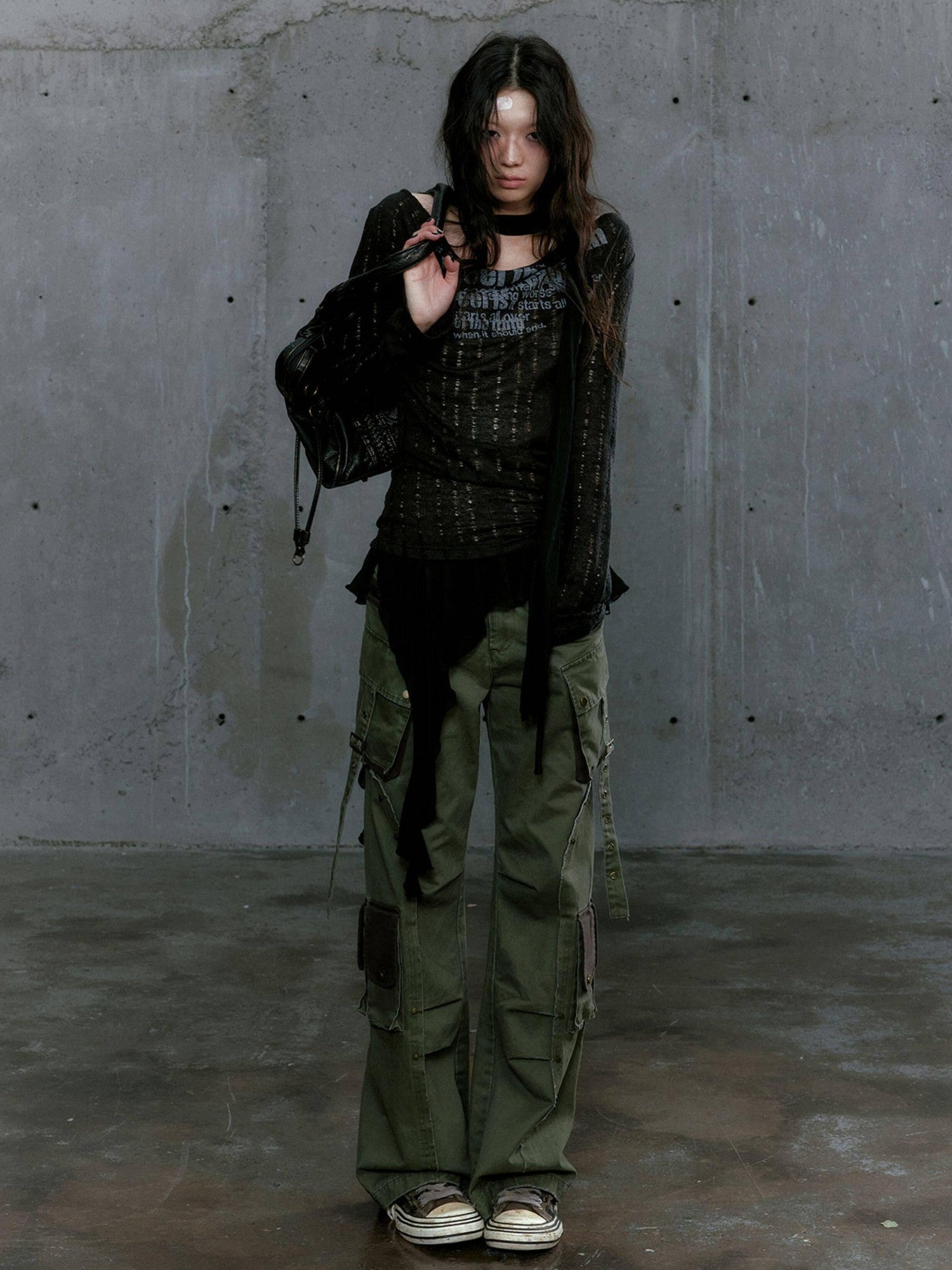 Cest Nous Patchwork Punk Threequarter Sleeve Women Polyester Longsleevet-Shirts