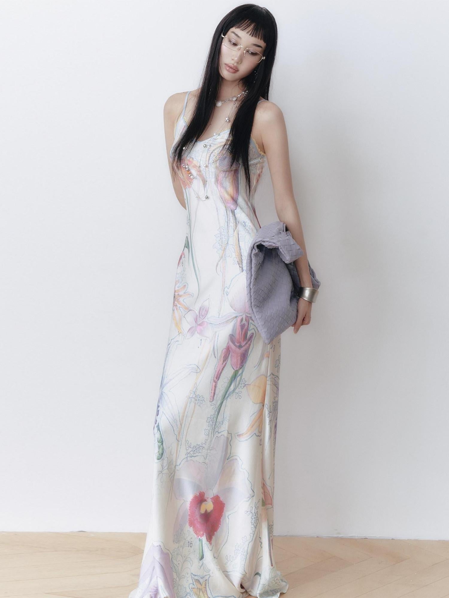 OfAkiva High Waist Southeast Asian Printed Spaghetti Strap A Line Polyester Maxi Dresses