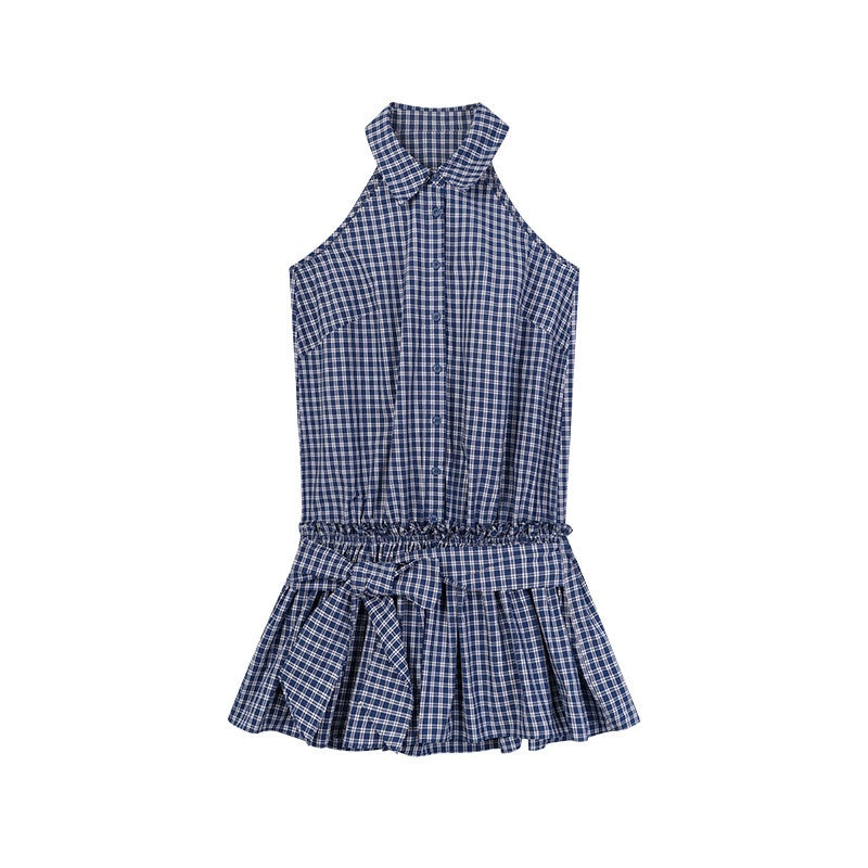 ZERO_Soft_Cotton_Plaid_Tie_A_Line_Stand_Collar_Women_Citywalk_Mini_Dresses_MISSTT