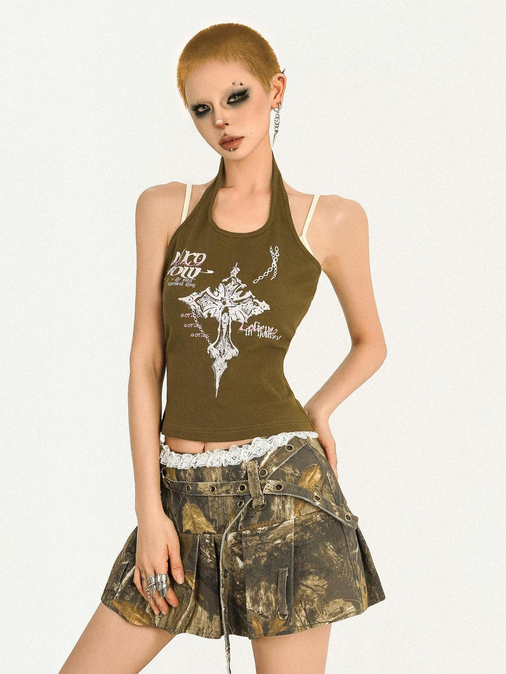 Nico Molly Original Halter Slim Fit Padded Women Y2K Olive Letter Print Camisoles