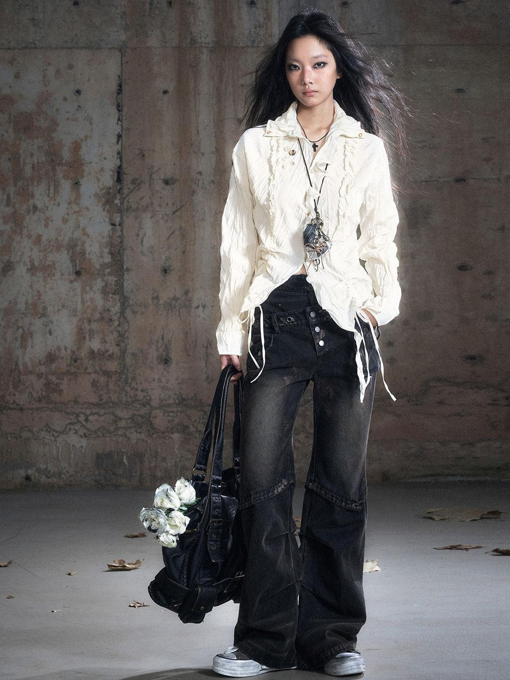 Cest Nous Patchwork Punk Low Waist Asymmetric Women Washed Black Cotton Straightlegjeans