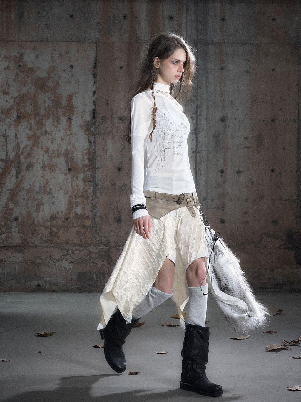 Cest Nous Pu Patchwork Punk Asymmetric Low Waist Youth Daily Wear Cotton Blend Midiskirts
