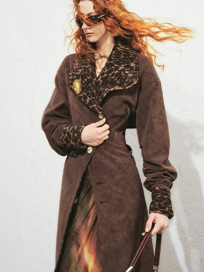 OfAkiva Faux Leather Windproof Vintage Straight Stand Collar Leopard Women Long Coats