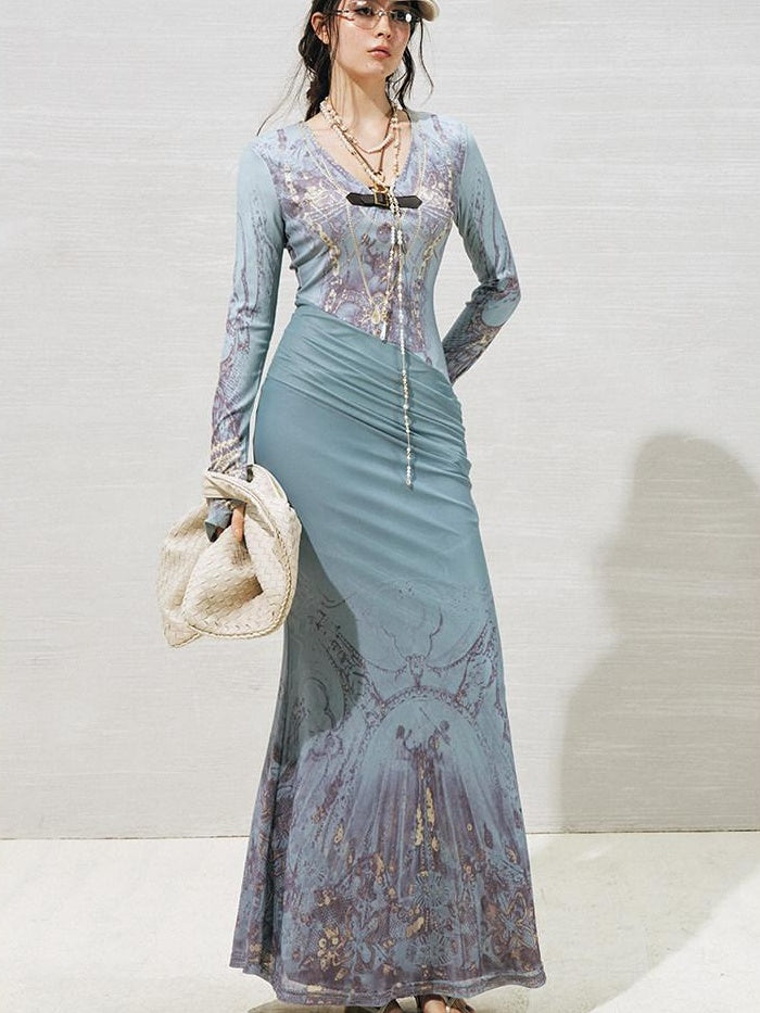 OfAkiva High Stretch High Waist Vintage Floral V-neck Long Sleeve A Line Maxi Dresses