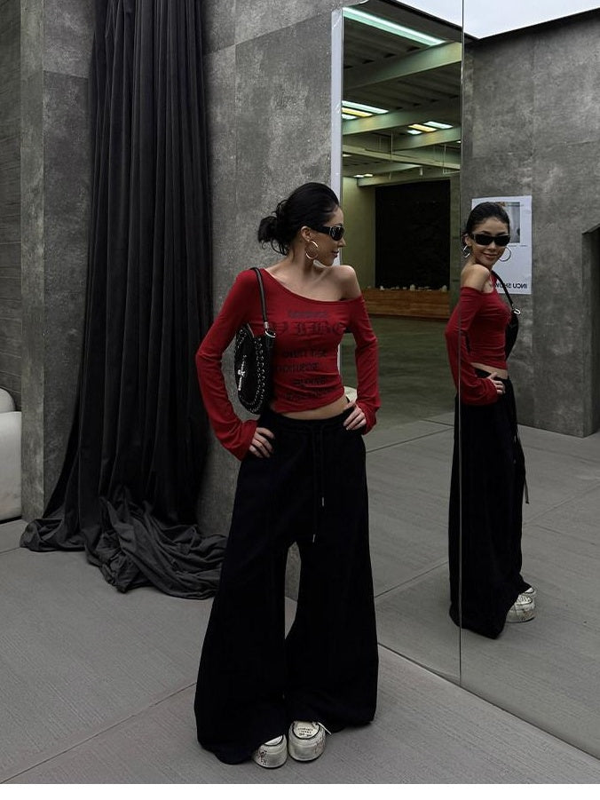 ZERO Soft Cotton Knit Casual Curved Hem Natural Waist For Teens Black Wide Leg Pants