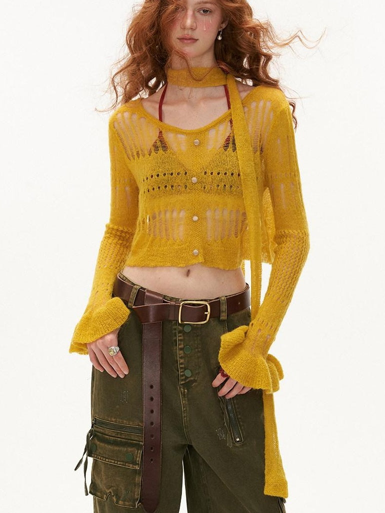 MAMC Wool Blend Hollow Knit Casual V-neck Short Button Two Piece Women Cardigans