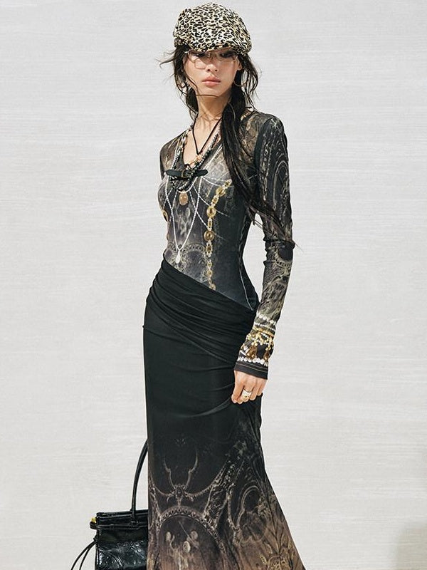 OfAkiva High Stretch High Waist Vintage Floral V-neck Long Sleeve A Line Maxi Dresses