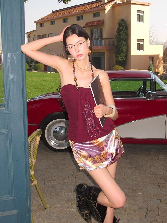 OfAkiva Antistatic Silk Embroidered A Line Low Waist Women Purple Mini Skirts