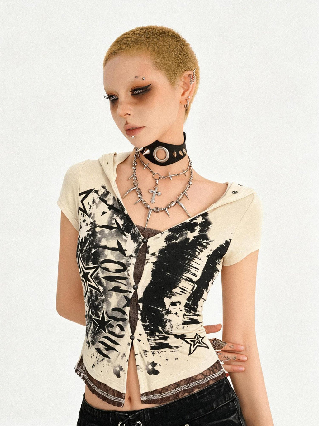 Nico Molly Cinched Waist Lace Skull Punk Faux Two Piece Cropped Women Off White Hoodie