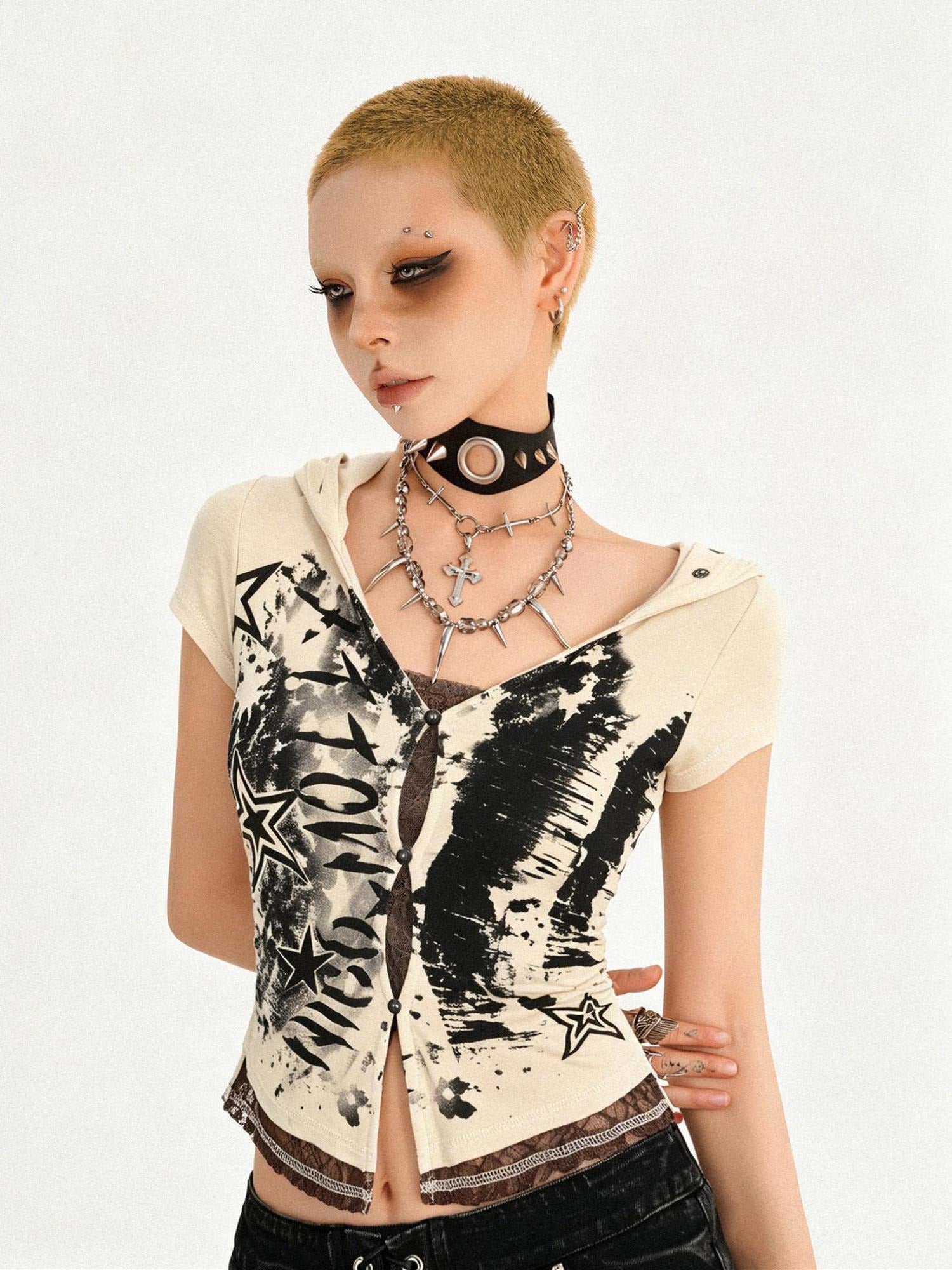 Nico Molly Cinched Waist Lace Skull Punk Faux Two Piece Cropped Women Off White Hoodie