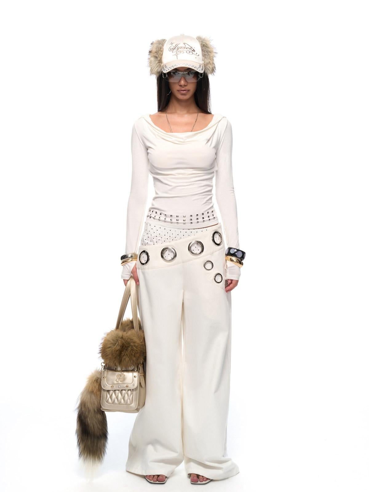 JYOSEI Asymmetric Polka Dot Patchwork Low Rise Workwear Wide Leg Cotton Straight Pants