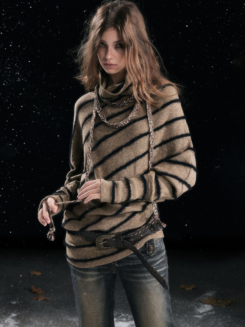 Cest Nous Cozy Thick Street Oversized Batwing Turtleneck Tie Front Women Striped Sweaters