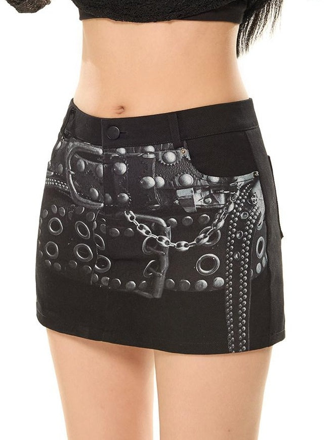 ZERO Printed Cotton Low Waist Slim Hip Sporty Street Black Young Women Mini Skirts
