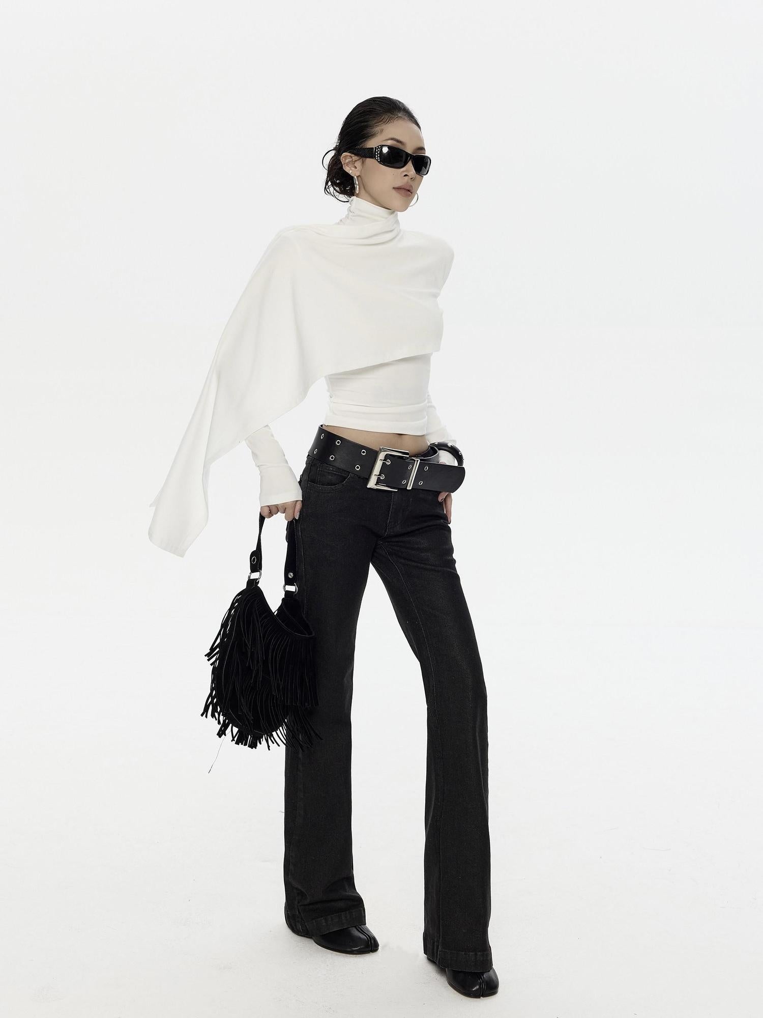 ZERO Lyocell Asymmetric Slim Fit Casual Turtleneck Long Sleeve Cropped Women Knitwear