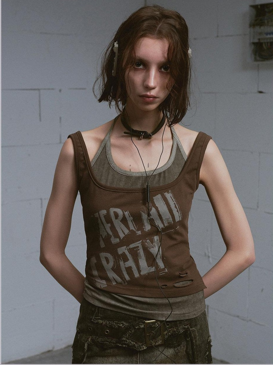 Cest Nous Distressed Print Punk Slim Halter Female Cotton Blend Brown Gray Tanktops