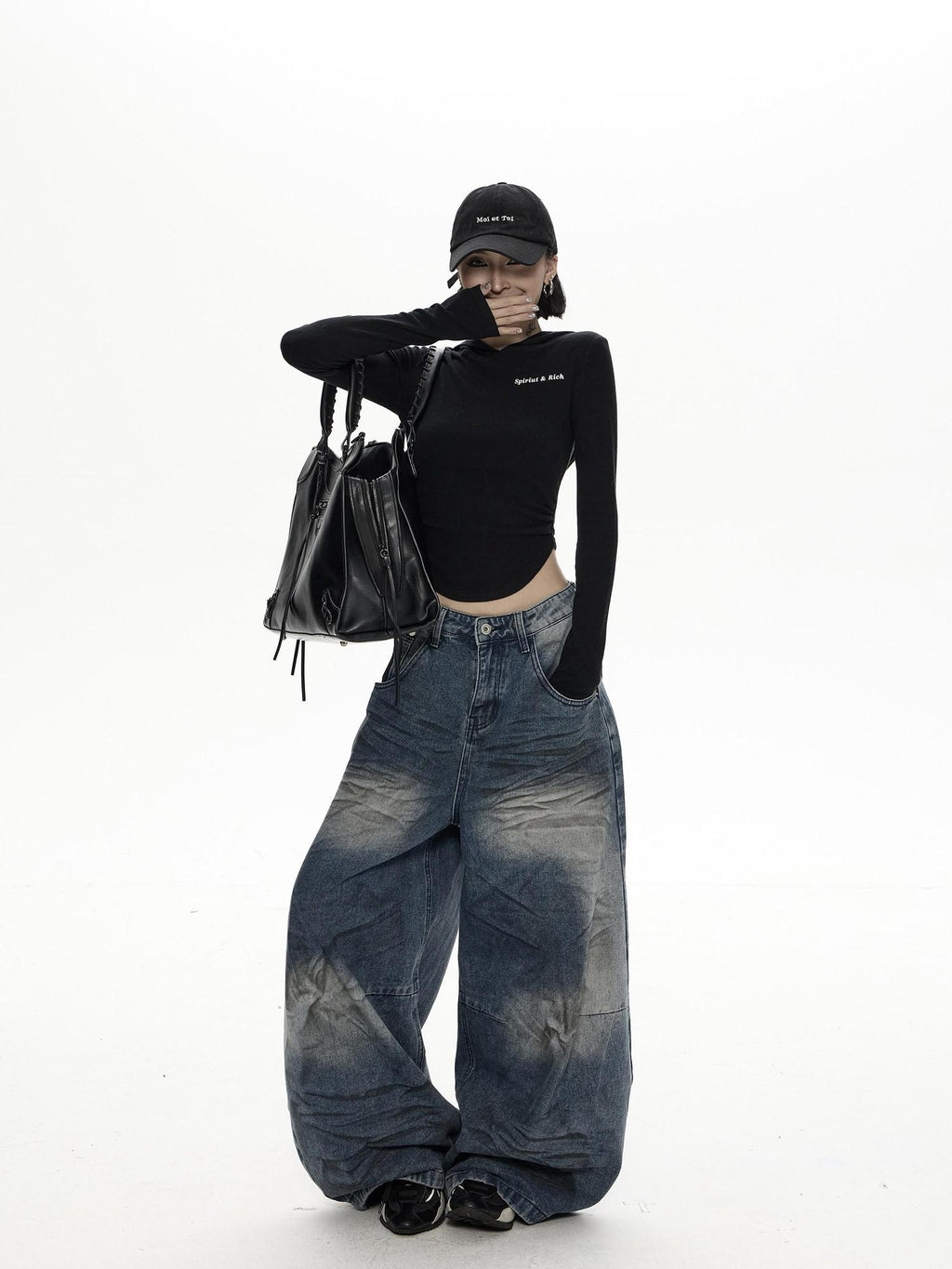 ZERO Retro Distressed Low Rise Loose Blue Denim Button Fly Womens Wide Leg Jeans