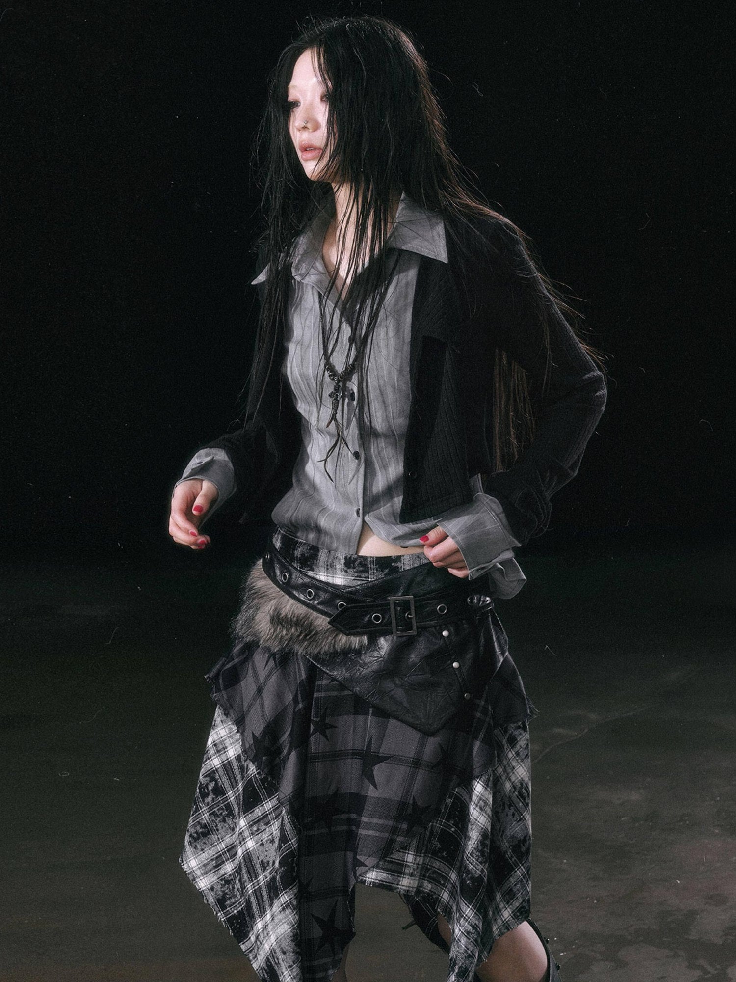 Cest Nous Patchwork Asymmetrical Punk Plaid A Line Mid Waist Women Cotton Midiskirts