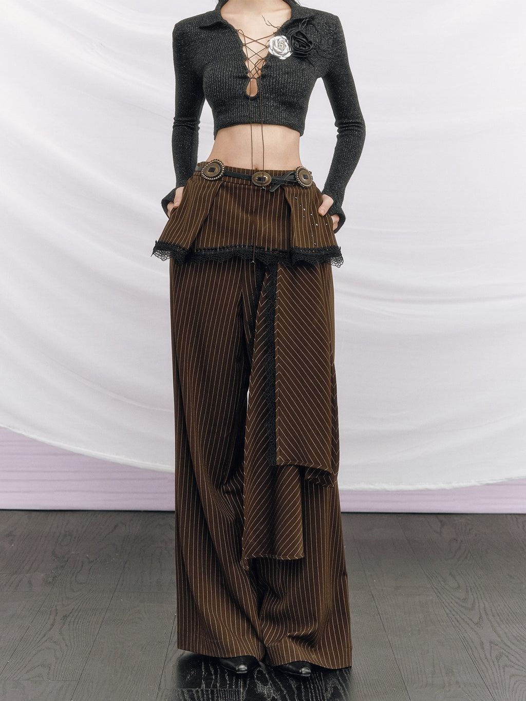 OfAkiva High Waist Vintage Striped Patchwork Zipper Fly Women Straight Wide Leg Pants