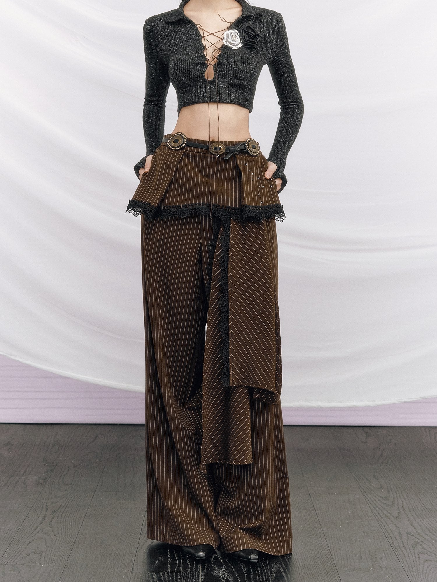 OfAkiva High Waist Vintage Striped Patchwork Zipper Fly Women Straight Wide Leg Pants