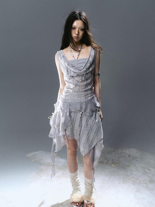 Cest Nous Asymmetrical Patchwork Chiffon Strappy Slim Fit Street Printed Minidresses