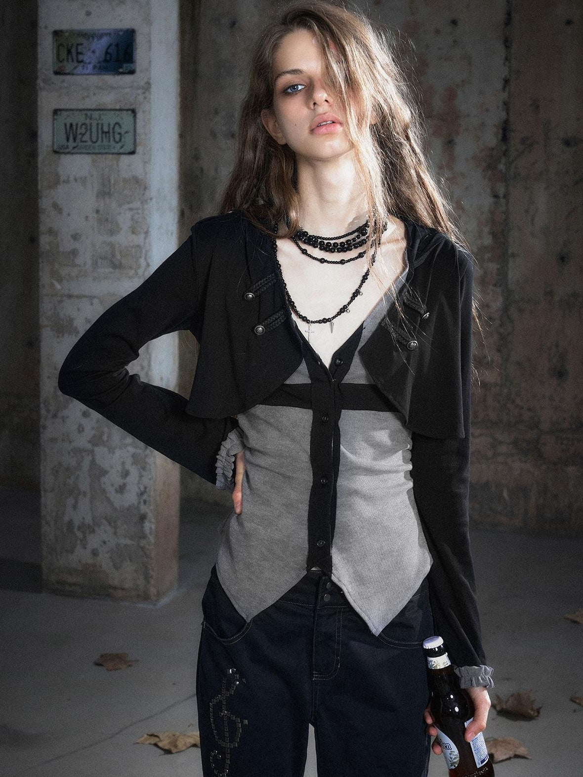 Cest Nous Slim Hooded Patchwork Knit Punk Long Sleeve Open Front Women Black Gray Blouses