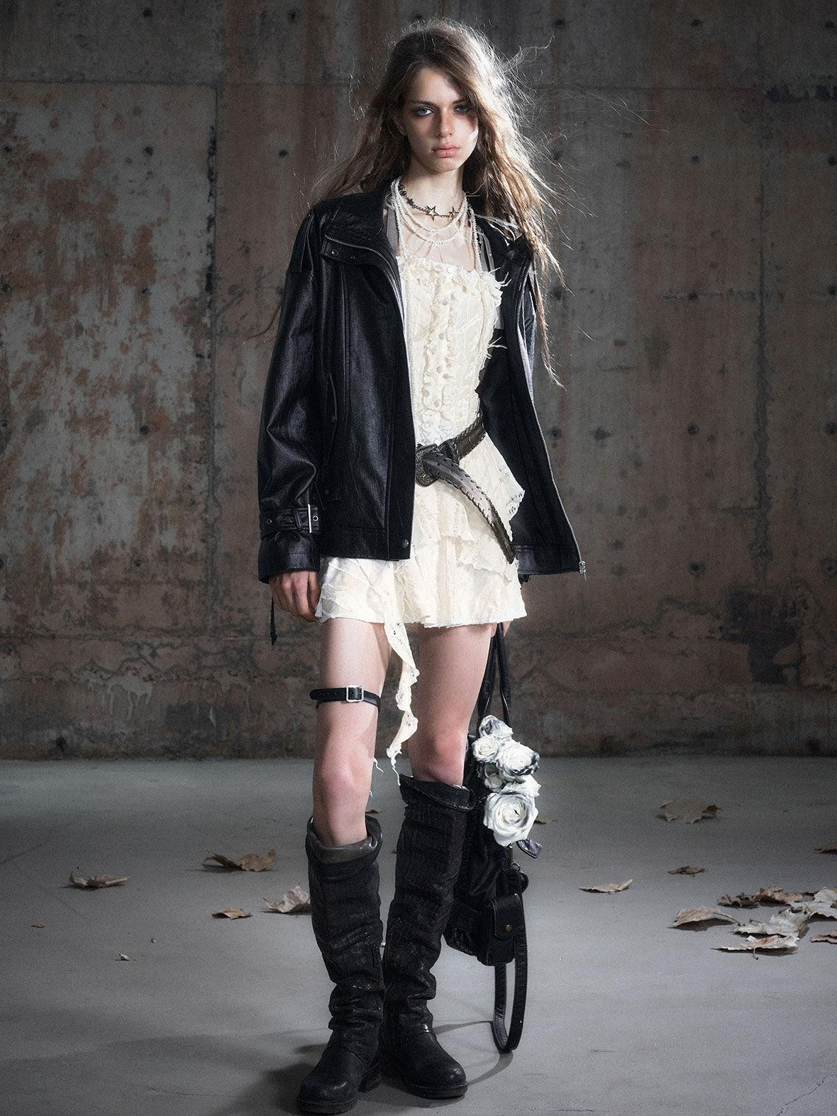 Cest Nous Zipper Pu Leather Loose Commuter Stand Collar Long Sleeve Black Leatherjackets