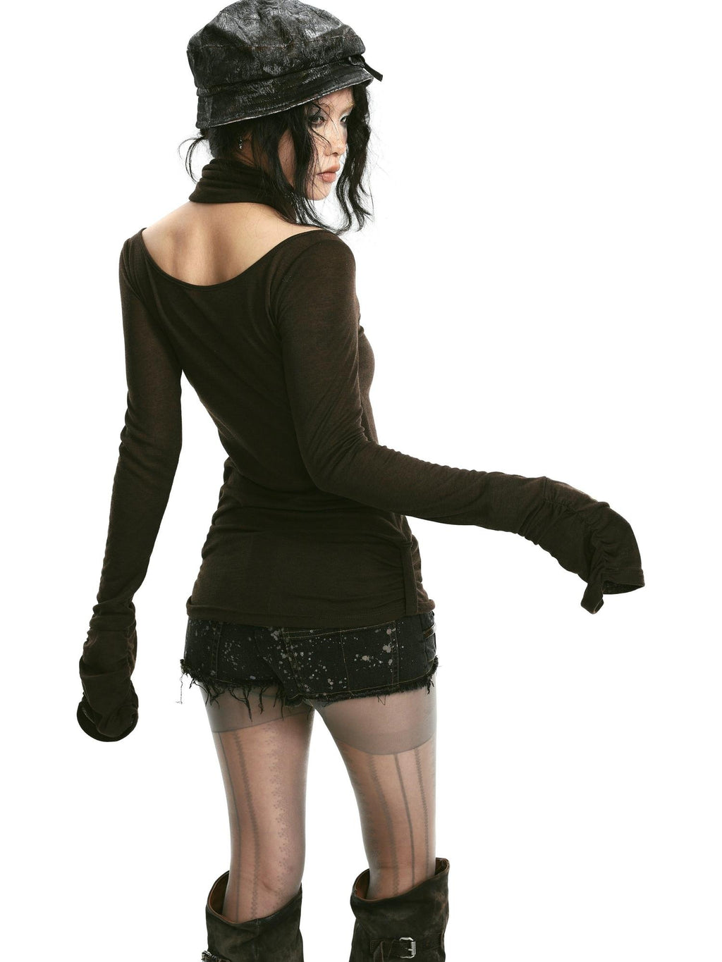 OPEN AESTHETIC Studded Leather Patch Creative Letter Print Slim Fit Women Long Sleeve T-Shirts