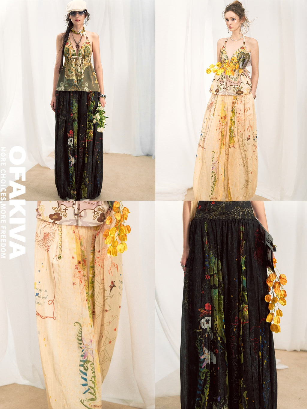 OfAkiva Dark Gothic Floral Embroidered Lantern Natural Waist Casual Women Wide Leg Pants