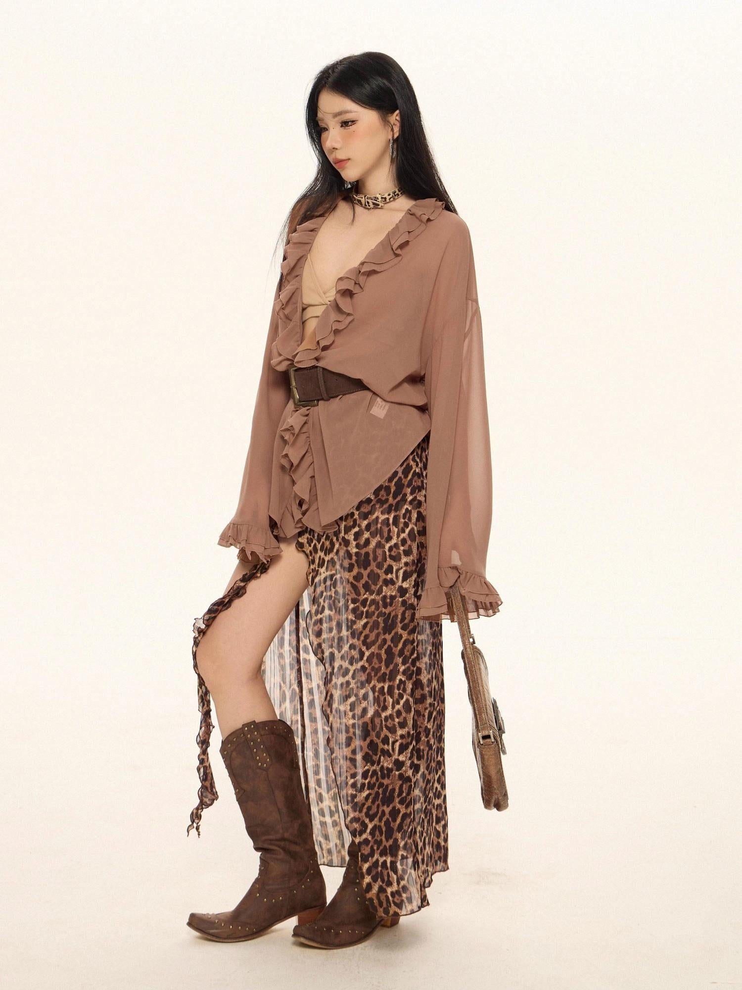 ZERO Chiffon Ruffle V-neck Loose Street Sporty Long Sleeve Black Brown Women Blouses