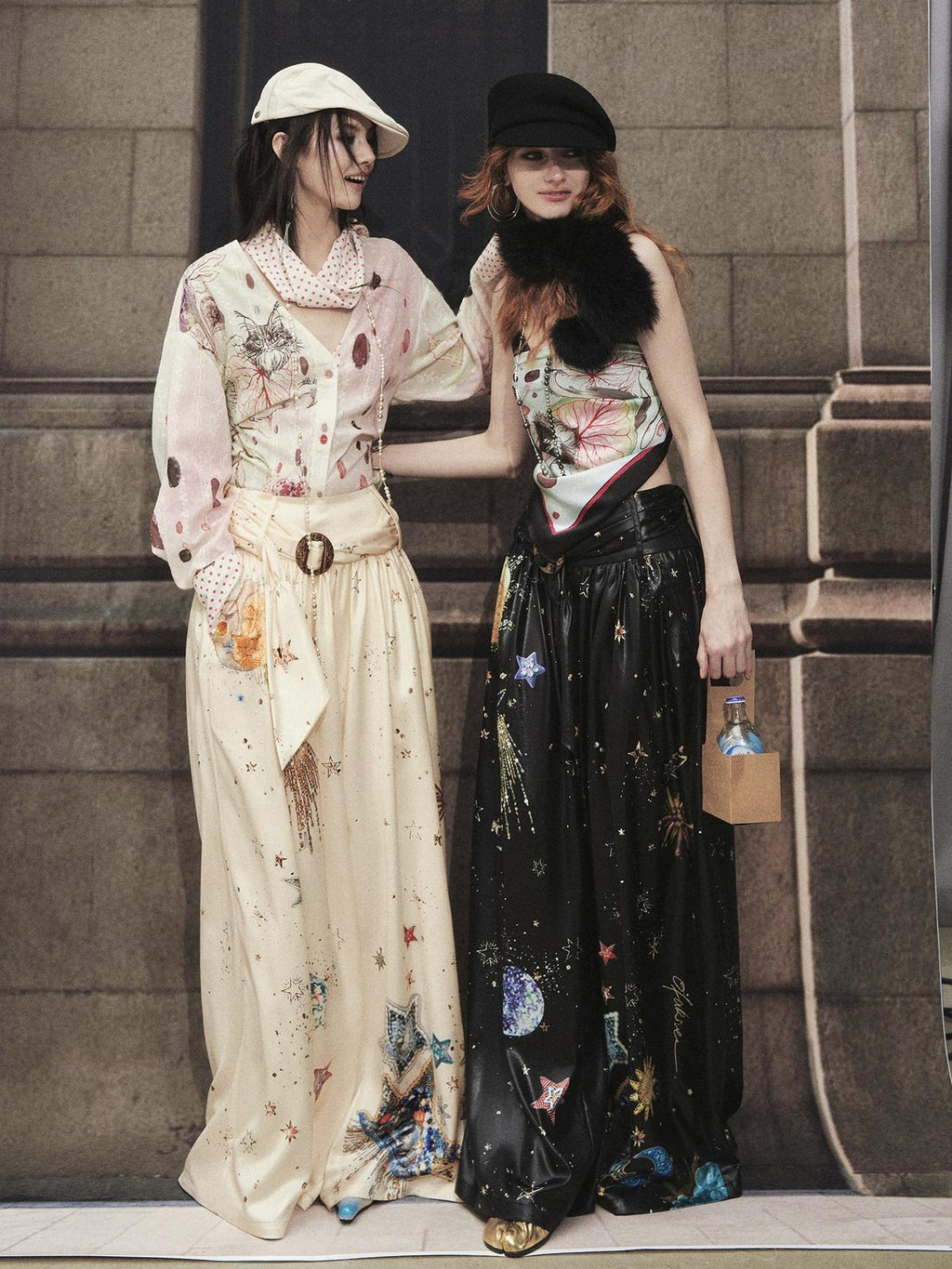 OfAkiva High Waist Starry Galaxy Print Casual Pockets Elastic Waist Women Wide Leg Pants