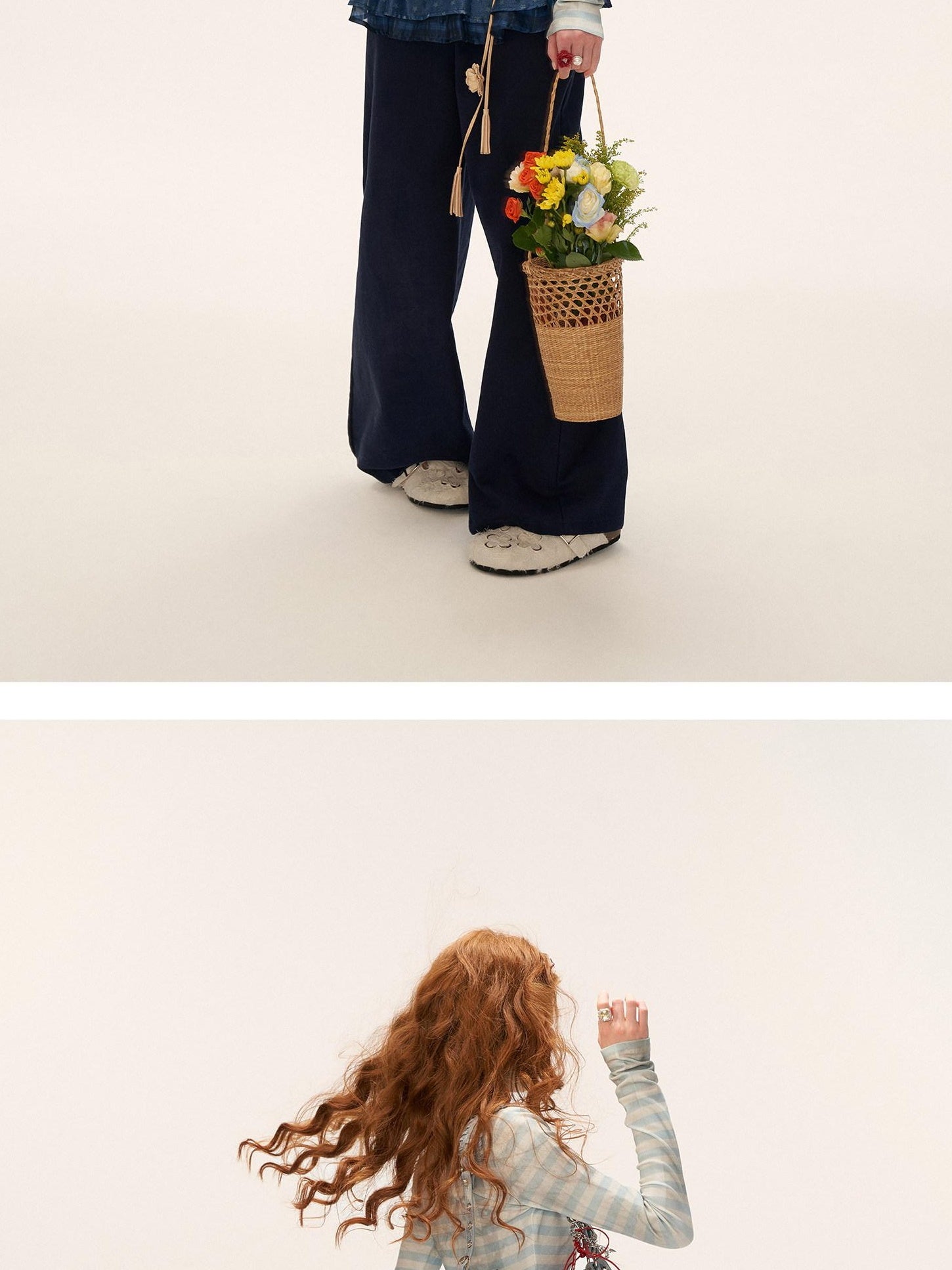MAMC 100% Cotton Patchwork Relaxed Natural Waist Casual Womens Blue Wide Leg Pants