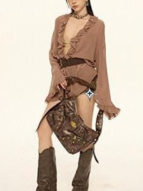 ZERO Chiffon Ruffle V-neck Loose Street Sporty Long Sleeve Black Brown Women Blouses