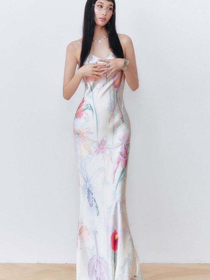 OfAkiva High Waist Southeast Asian Printed Spaghetti Strap A Line Polyester Maxi Dresses