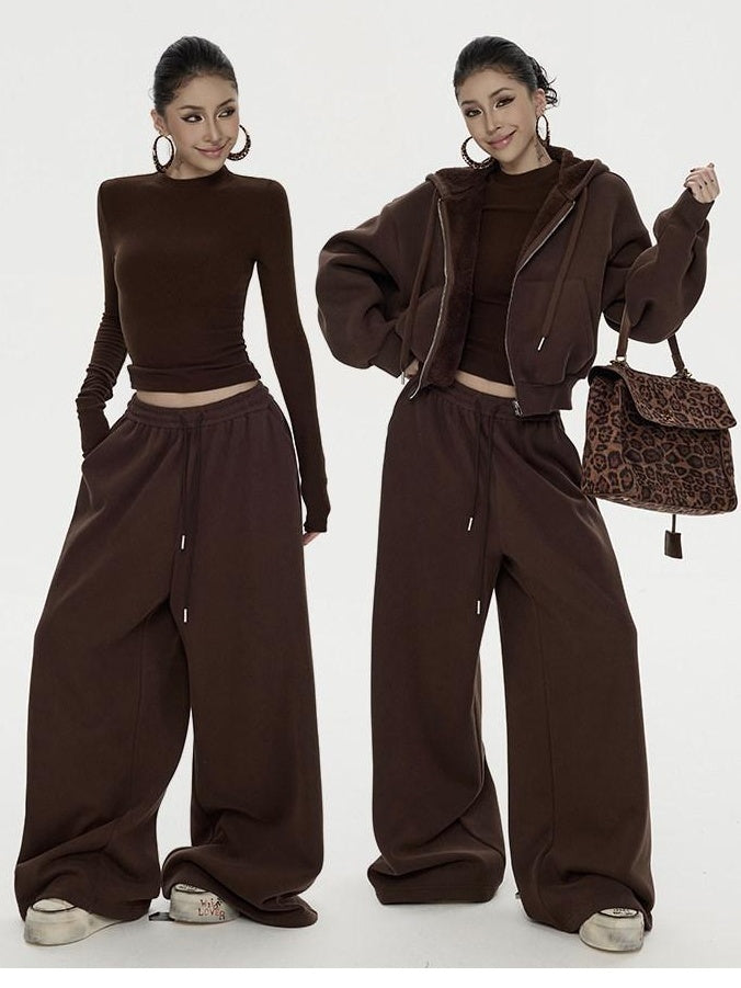 ZERO 3 Piece Casual Cropped Long Sleeve Women Black Coffee Top & Pants Sets