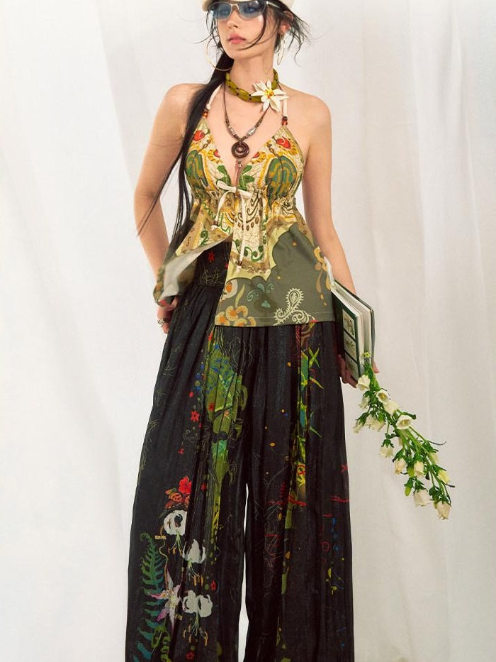 OfAkiva Dark Gothic Floral Embroidered Lantern Natural Waist Casual Women Wide Leg Pants
