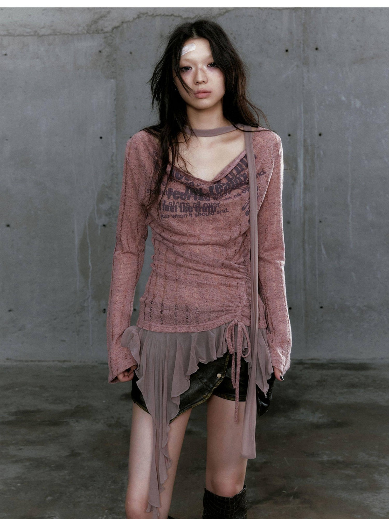 Cest Nous Patchwork Punk Threequarter Sleeve Women Polyester Longsleevet-Shirts