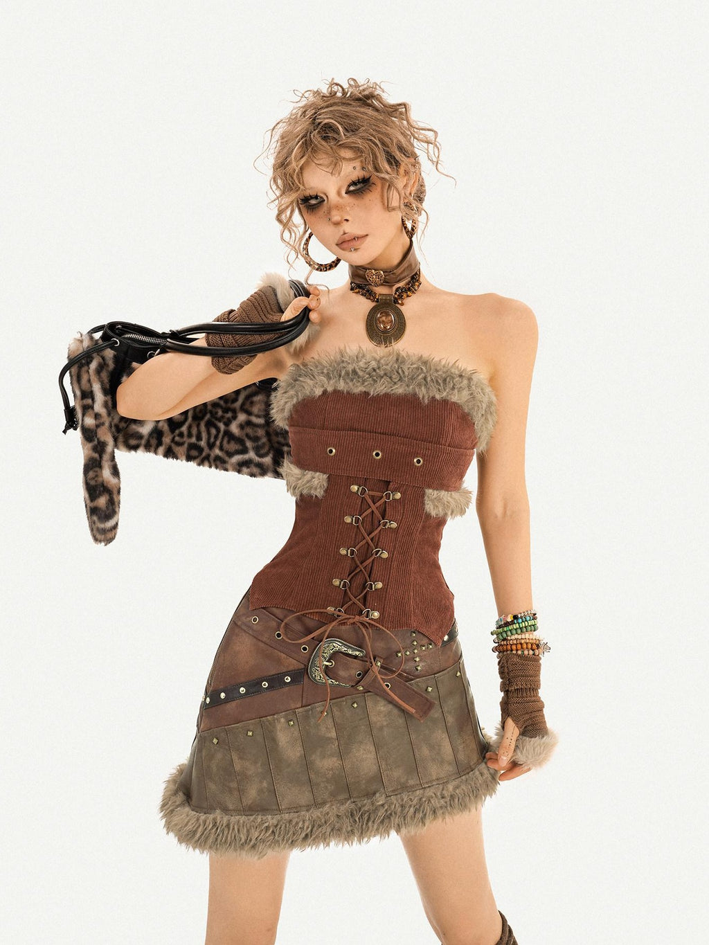 Nico Molly Beaded Vintage Patchwork A Line Mid Waist Lined Brown Women Top & Skirt Sets