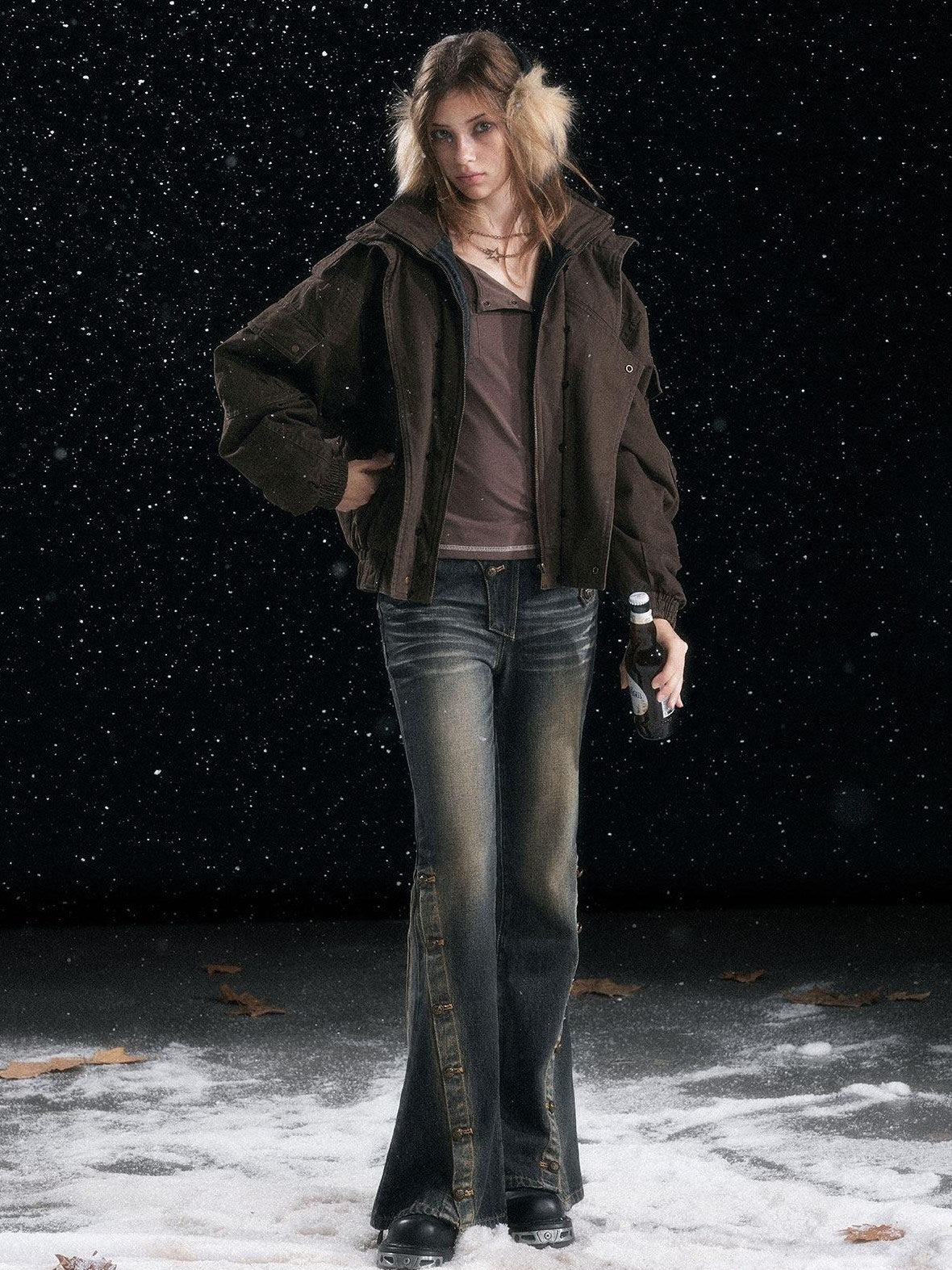 Cest Nous Warm Thick Hooded Zip Commuter Flight Women Brown Croppedjackets