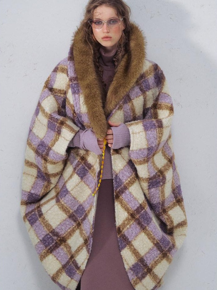 OfAkiva Cozy Thick Vintage Cape Silhouette V-neck Mid Length Plaid Women Jackets