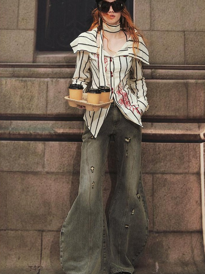 OfAkiva 100 Percent Cotton Breathable Slim Fit Puff Sleeve Striped Cardigan Blouses